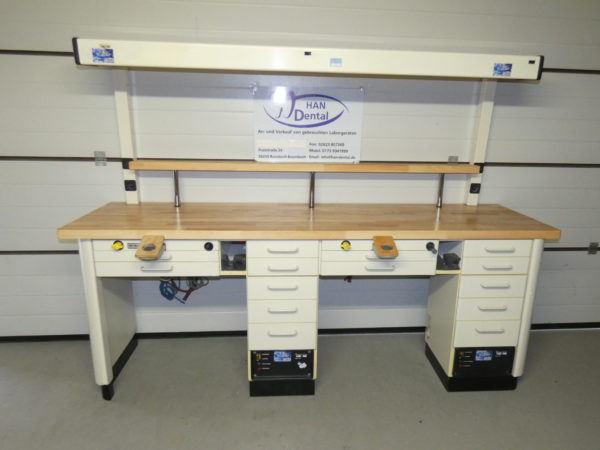 Freuding Möbel zweier Arbeitstisch ink. F1 Lampe ,Absaugung, Doppeltisch Labortisch 000102
